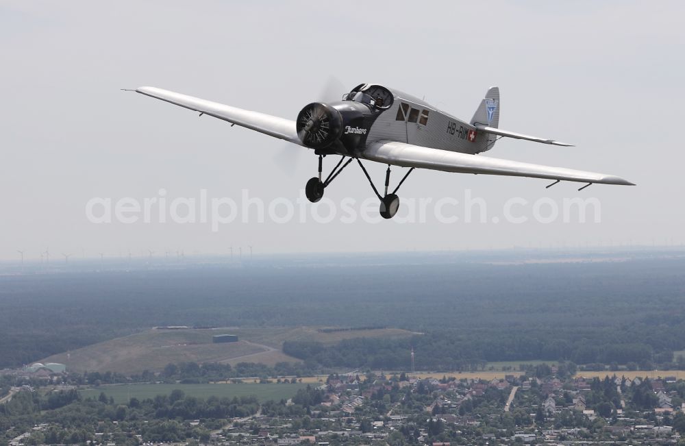 Dessau from the bird's eye view: Junkers F13 Aircraft in flight over the airspace in Dessau in the state Saxony-Anhalt, Germany