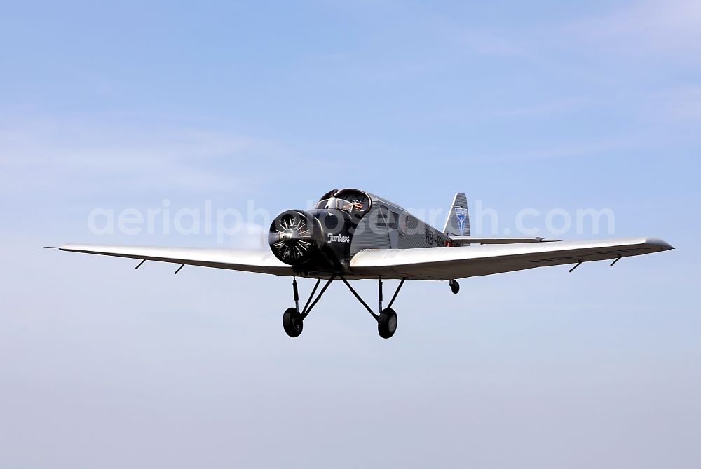 Aerial image Dessau - Junkers F13 Aircraft in flight over the airspace in Dessau in the state Saxony-Anhalt, Germany