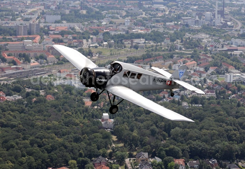 Aerial photograph Dessau - Junkers F13 Aircraft in flight over the airspace in Dessau in the state Saxony-Anhalt, Germany