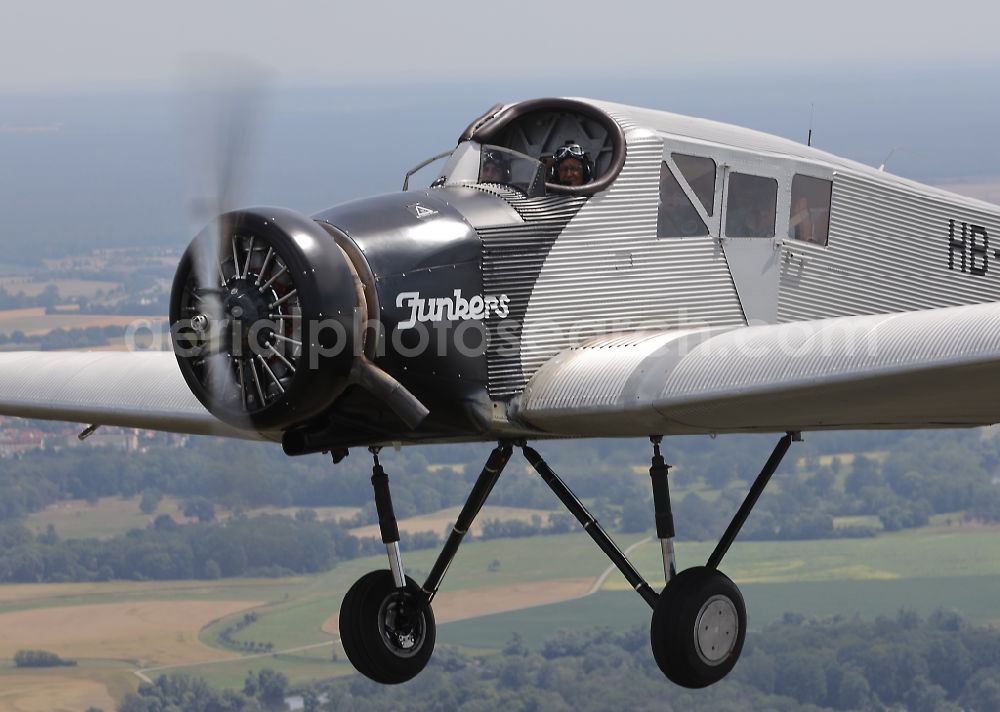 Dessau from above - Junkers F13 Aircraft in flight over the airspace in Dessau in the state Saxony-Anhalt, Germany