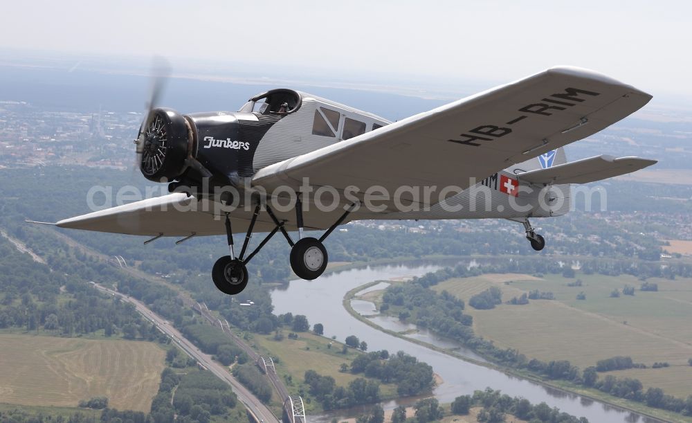 Dessau from the bird's eye view: Junkers F13 Aircraft in flight over the airspace in Dessau in the state Saxony-Anhalt, Germany