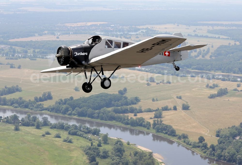 Aerial image Dessau - Junkers F13 Aircraft in flight over the airspace in Dessau in the state Saxony-Anhalt, Germany