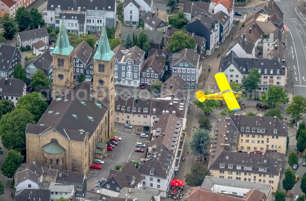 Aerial image Schwelm - Piper J-3C-85 Cub D-ECZI Aircraft in flight over the airspace in Schwelm in the state North Rhine-Westphalia, Germany