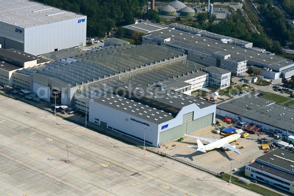 Dresden from above - Aircraft maintenance hall - hangar at the Dresden Airport in the district of Klotzsche in Dresden in the federal state of Saxony, Germany