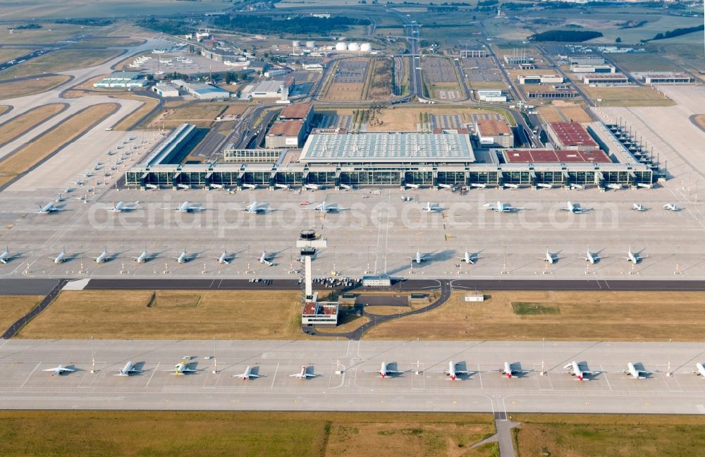 Aerial image Schönefeld - Views of the apron of the BER airport in Schoenefeld in the State of Brandenburg. The aircrafts are flown on the occasion of the Champion League final 2015