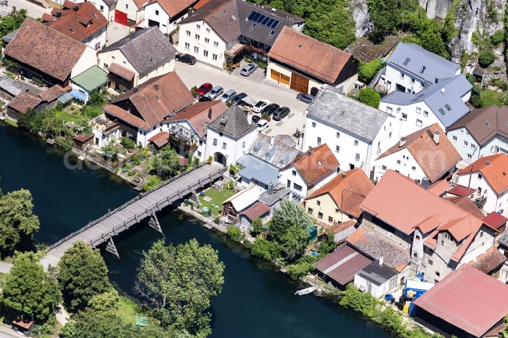 Essing from above - River - bridge construction Alte Holzbruecke in Essing in the state Bavaria, Germany