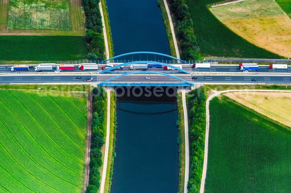 Greuth from above - River - bridge construction on federal highway line BAB A6 of Aisch river in Greuth in the state Bavaria, Germany