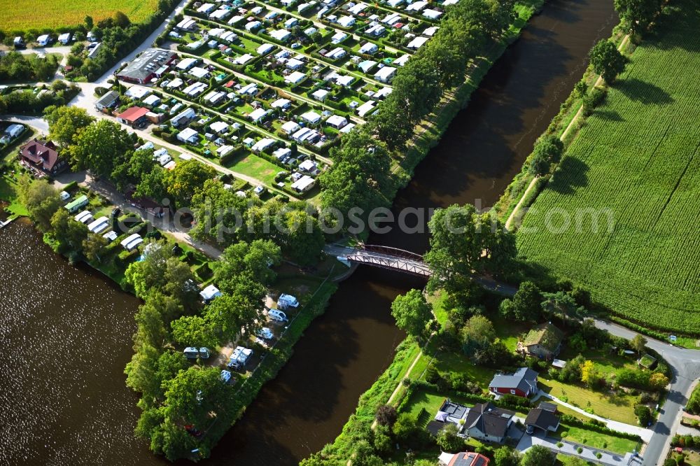 Aerial photograph Basedow - River - bridge construction ueber den Elbe-Luebeck-Kanal - Am Lanzer See in Basedow in the state Schleswig-Holstein, Germany