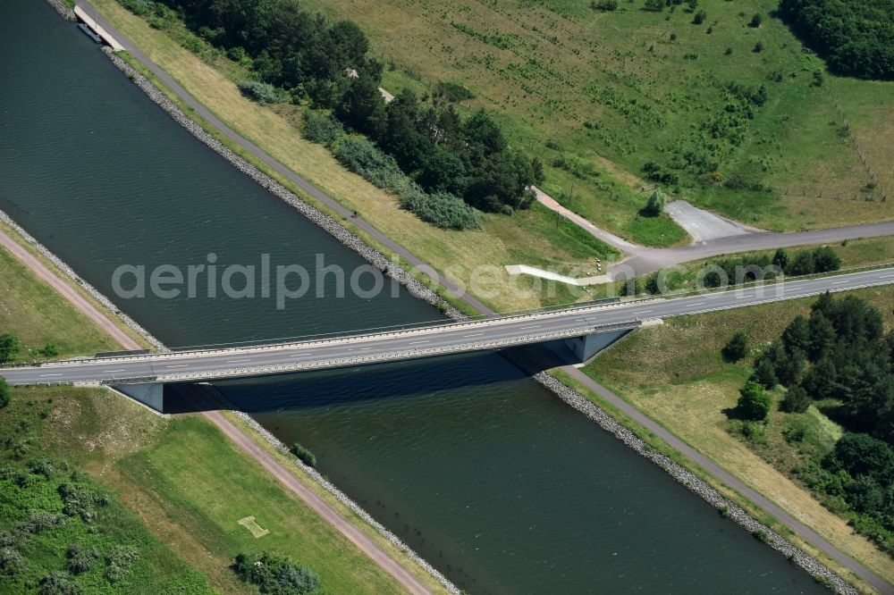 Hohenwarthe from above - River - bridge construction over the Elbe-Havel channel in Hohenwarthe in the state Saxony-Anhalt