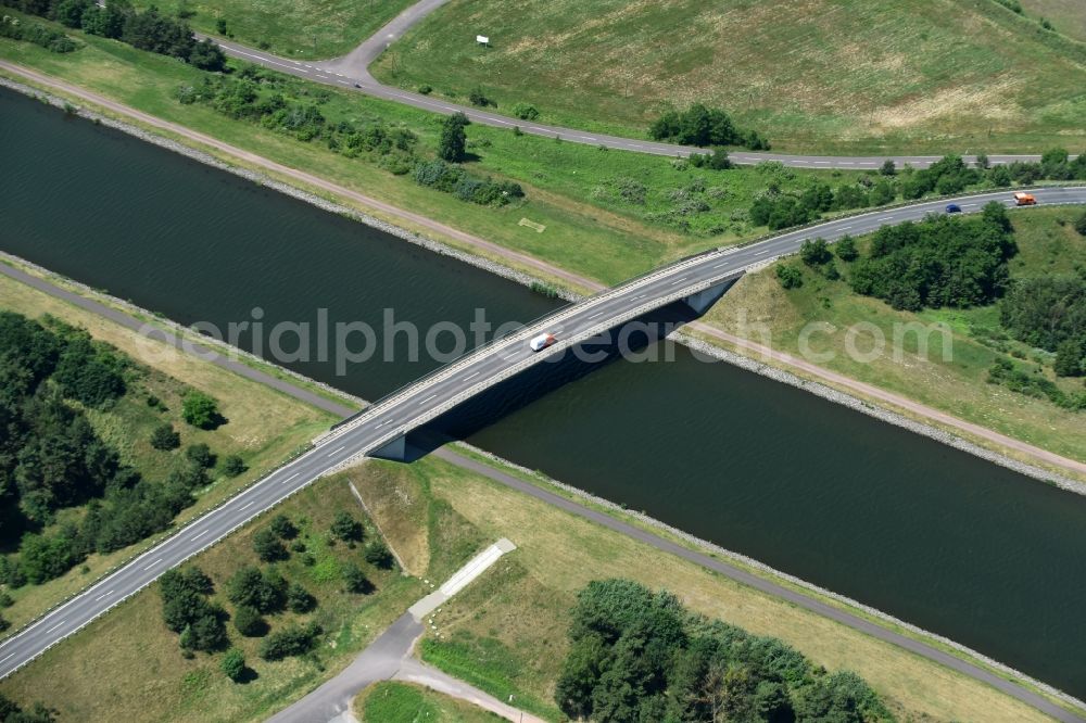 Hohenwarthe from above - River - bridge construction over the Elbe-Havel channel in Hohenwarthe in the state Saxony-Anhalt