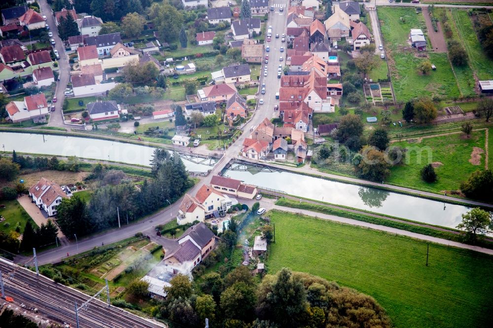 Aerial image Vendenheim - River - bridge construction crossing the Muehlbach in Vendenheim in Grand Est, France