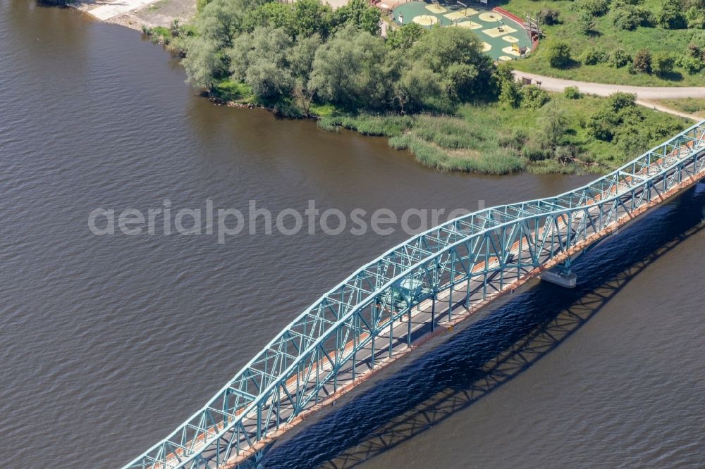 Aerial image Gryfino - River - bridge construction about the Oder in Gryfino in West Pomerania, Poland