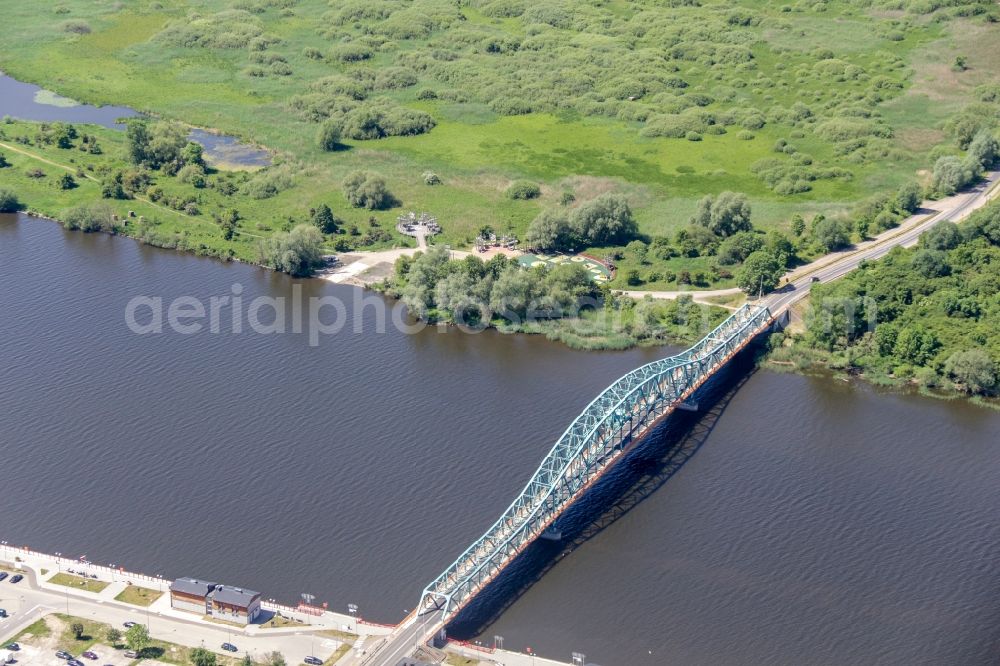 Gryfino from above - River - bridge construction about the Oder in Gryfino in West Pomerania, Poland