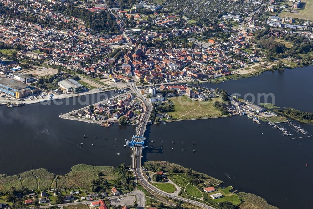 Wolgast from above - River - bridge construction ueber den Peenestrom in Wolgast in the state