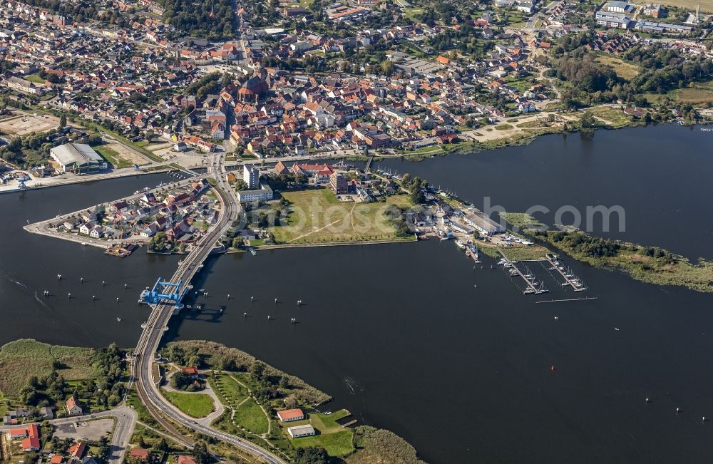 Wolgast from the bird's eye view: River - bridge construction ueber den Peenestrom in Wolgast in the state