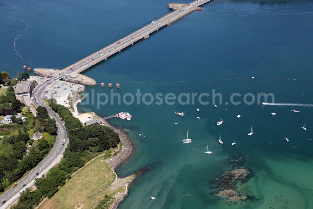 Aerial image Saint-Malo - River - bridge construction about the Rance between Saint Malo and Dinard in Bretagne, France. The bridge is provided with a floodgate and a tidal power Station, the Usine maremotrice de la Rance