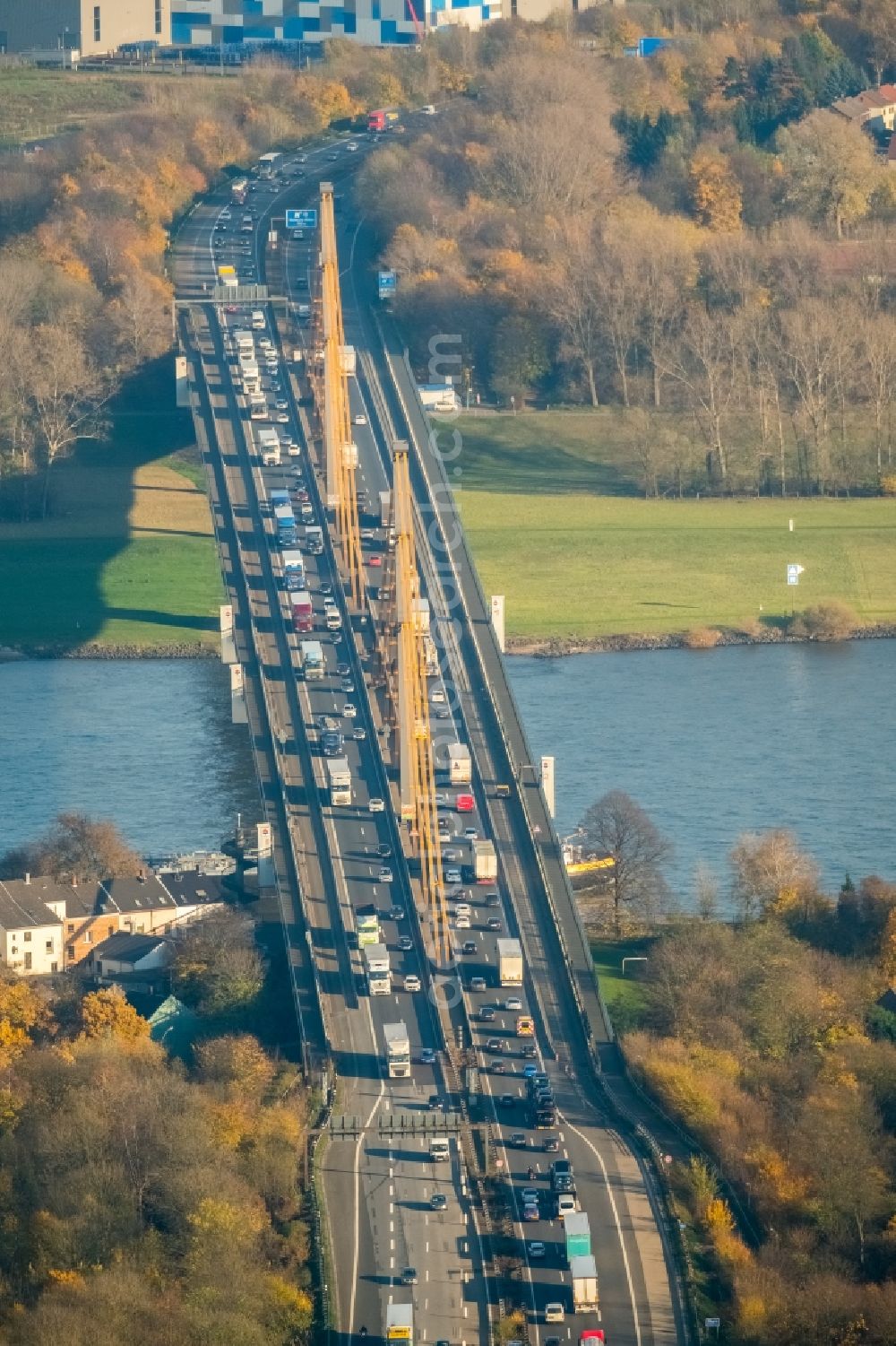 Duisburg from above - River - bridge construction - A42 highway bridge over the Rhine in Duisburg in North Rhine-Westphalia