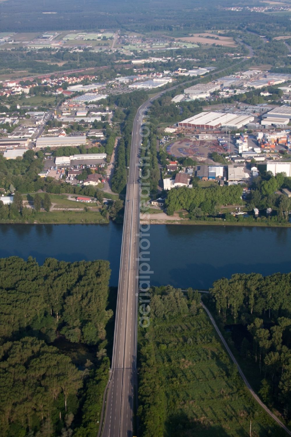 Germersheim from above - River - bridge construction of B35 crossing the Rhine river in Germersheim in the state Rhineland-Palatinate, Germany