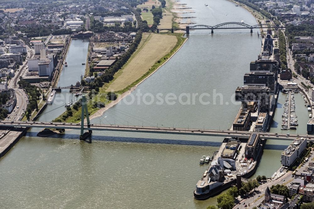 Aerial image Köln - River - bridge construction across the Rhine in Cologne in the state North Rhine-Westphalia, Germany