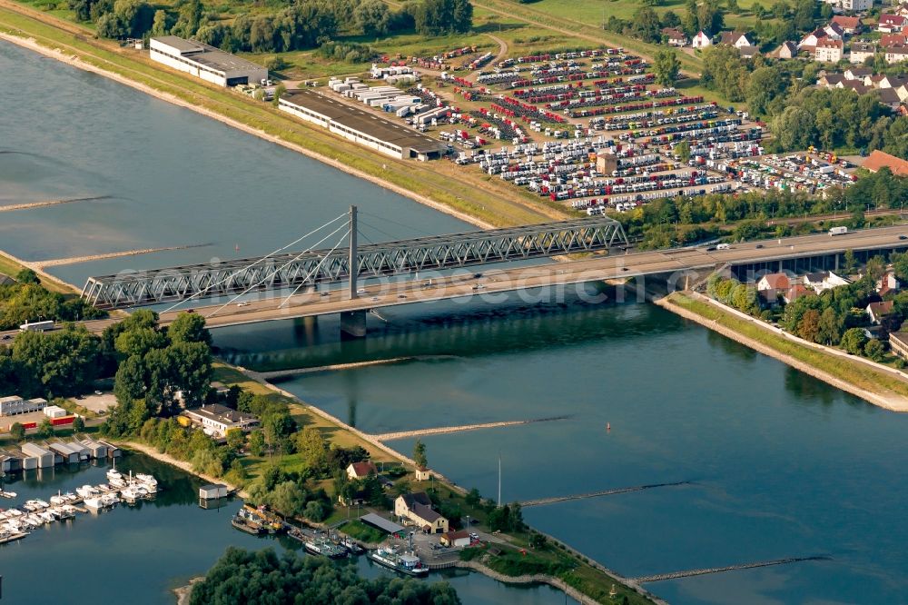 Aerial photograph Karlsruhe - River - bridge construction across the Rhine in the district Maxau in Karlsruhe in the state Baden-Wurttemberg, Germany