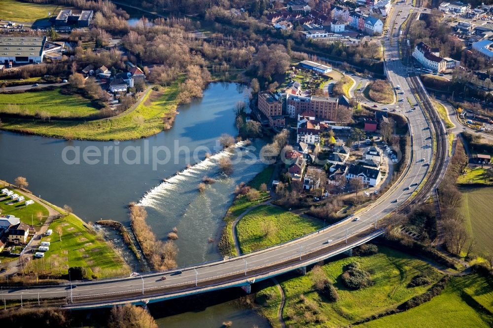 Aerial image Hattingen - River - bridge construction about the Ruhr in the district Baak in Hattingen in the state North Rhine-Westphalia, Germany