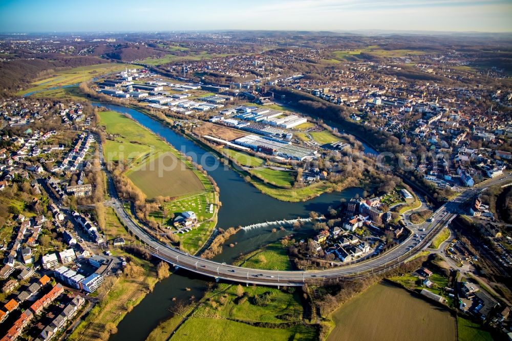 Aerial photograph Hattingen - River - bridge construction about the Ruhr in the district Baak in Hattingen in the state North Rhine-Westphalia, Germany