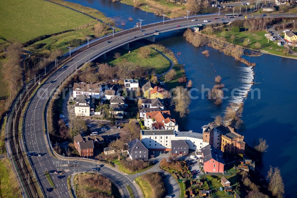 Hattingen from the bird's eye view: River - bridge construction about the Ruhr in the district Baak in Hattingen in the state North Rhine-Westphalia, Germany