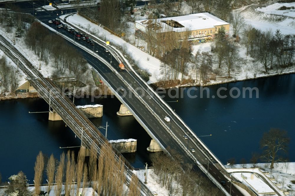 Berlin from above - River - bridge construction over the Spree river aloung Spindlersfelder Strasse in Berlin in Germany