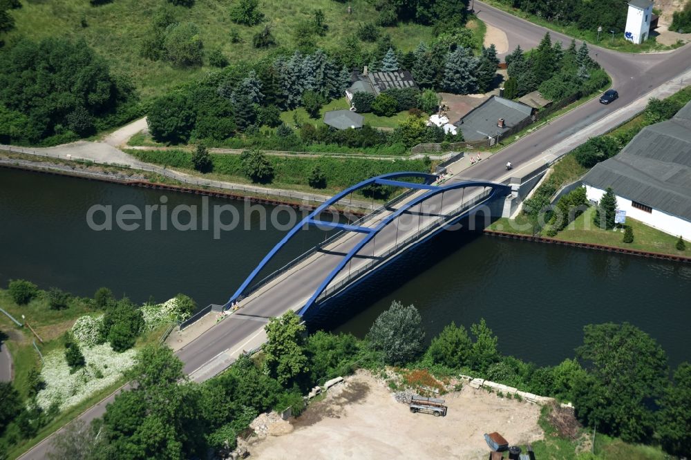 Burg from above - River - bridge construction Blumenthaler Strassenbruecke over the Elbe-Havel-Channel in Burg in the state Saxony-Anhalt