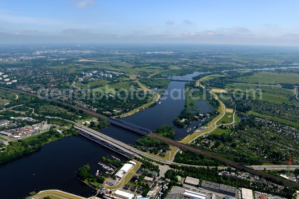 Aerial image Harburg - River - bridge construction including the federal motorway A 253 and railway tracks across the river Suederelbe in Harburg in the state of Hamburg