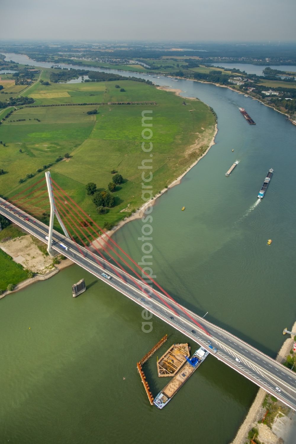 Wesel from above - River - bridge construction over the Rhein in Wesel in the state North Rhine-Westphalia