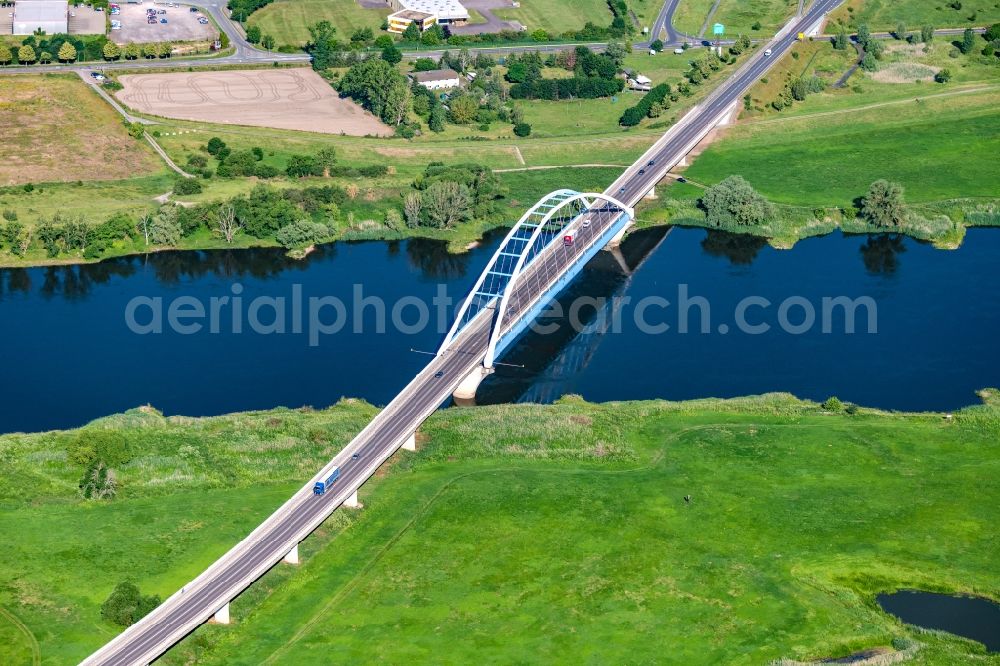 Aerial image Tangermünde - River - bridge structure of the federal highway B188 to cross the Elbe in Tangermuende in the state Saxony-Anhalt, Germany