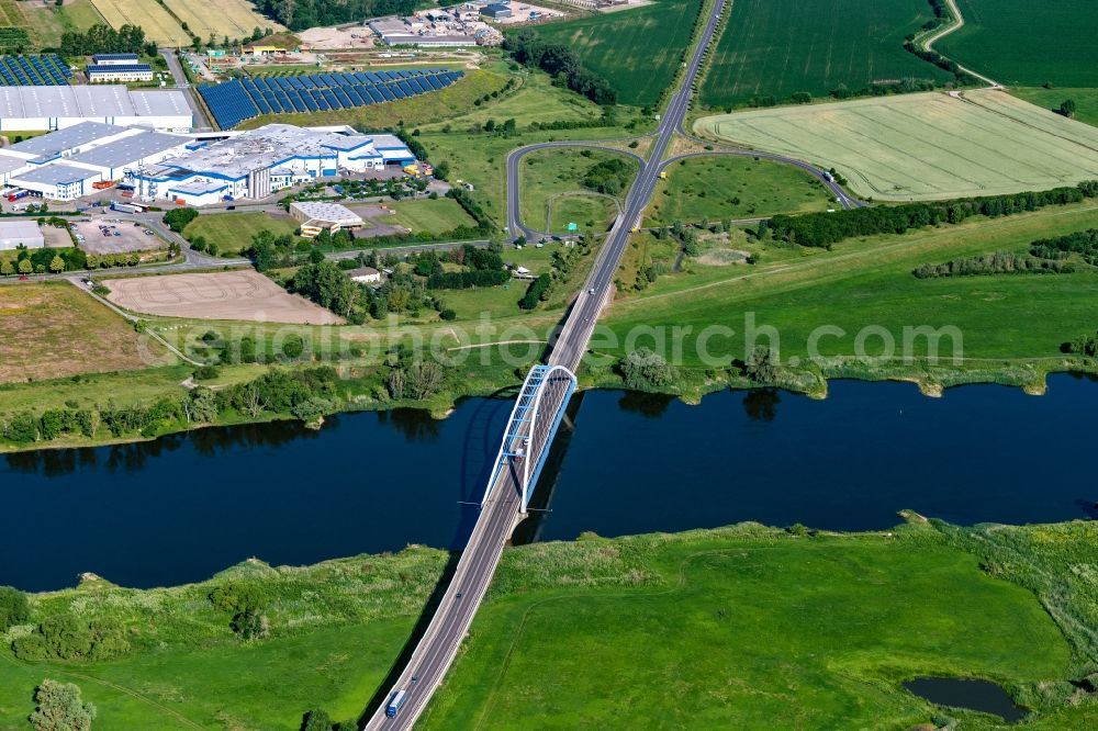 Tangermünde from above - River - bridge structure of the federal highway B188 to cross the Elbe in Tangermuende in the state Saxony-Anhalt, Germany