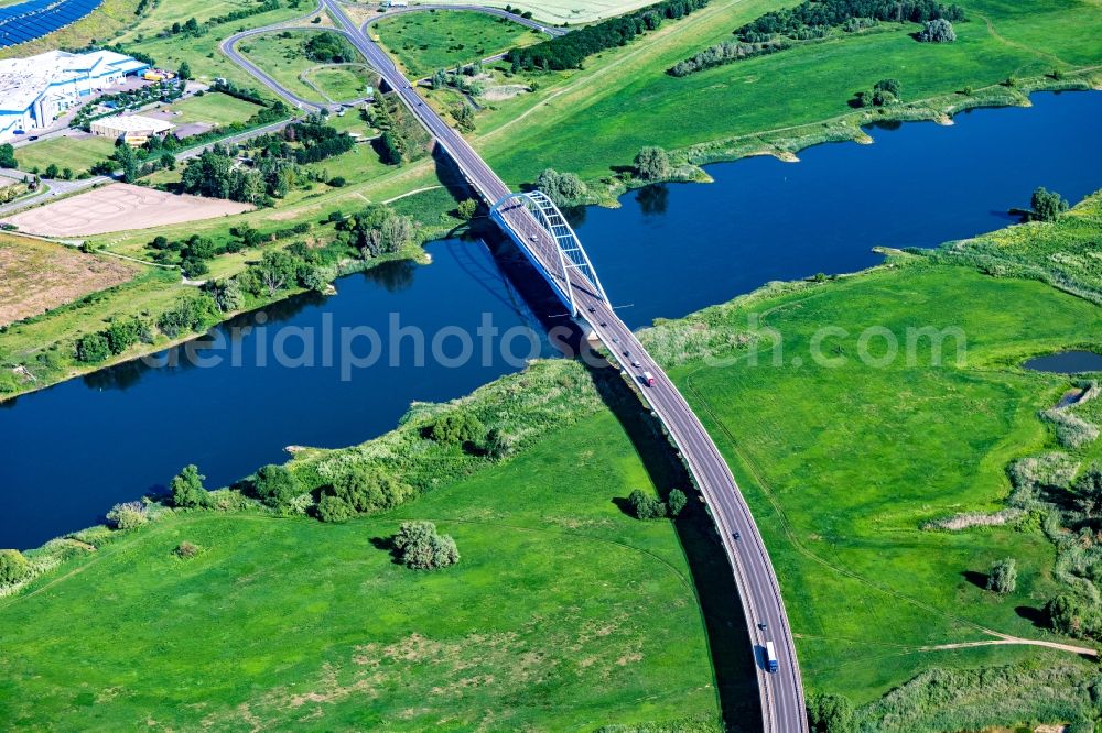 Tangermünde from the bird's eye view: River - bridge structure of the federal highway B188 to cross the Elbe in Tangermuende in the state Saxony-Anhalt, Germany