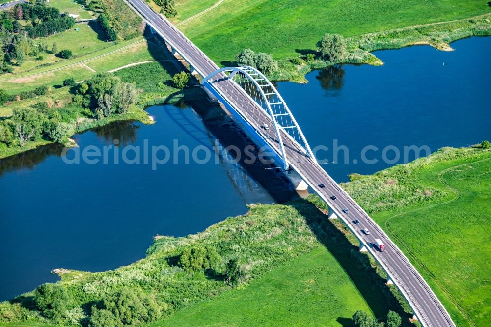 Aerial image Tangermünde - River - bridge structure of the federal highway B188 to cross the Elbe in Tangermuende in the state Saxony-Anhalt, Germany