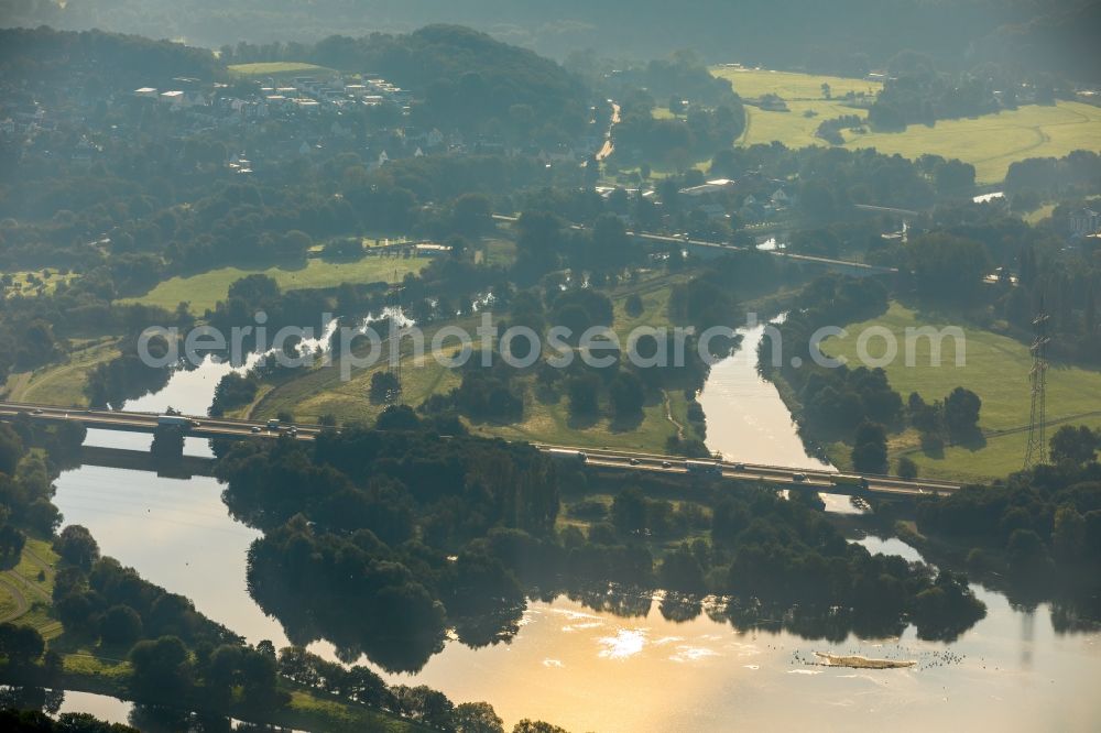 Aerial photograph Witten - River - bridge construction at the influx of the Ruhr in the Kemnader See with visible sun reflections in Witten in the state North Rhine-Westphalia, Germany