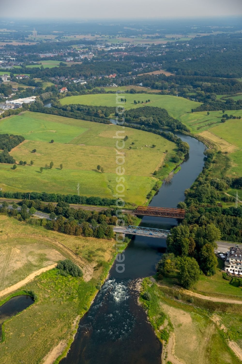 Wesel from above - River - bridge construction and railroad bridge over river Lippe in Wesel in the state North Rhine-Westphalia