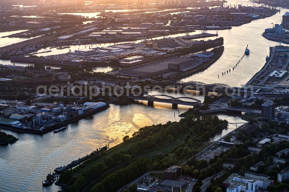 Hamburg from above - River - bridge structure Elbbruecken at sunset - Norderelbbruecke on the banks of the Elbe in Hamburg