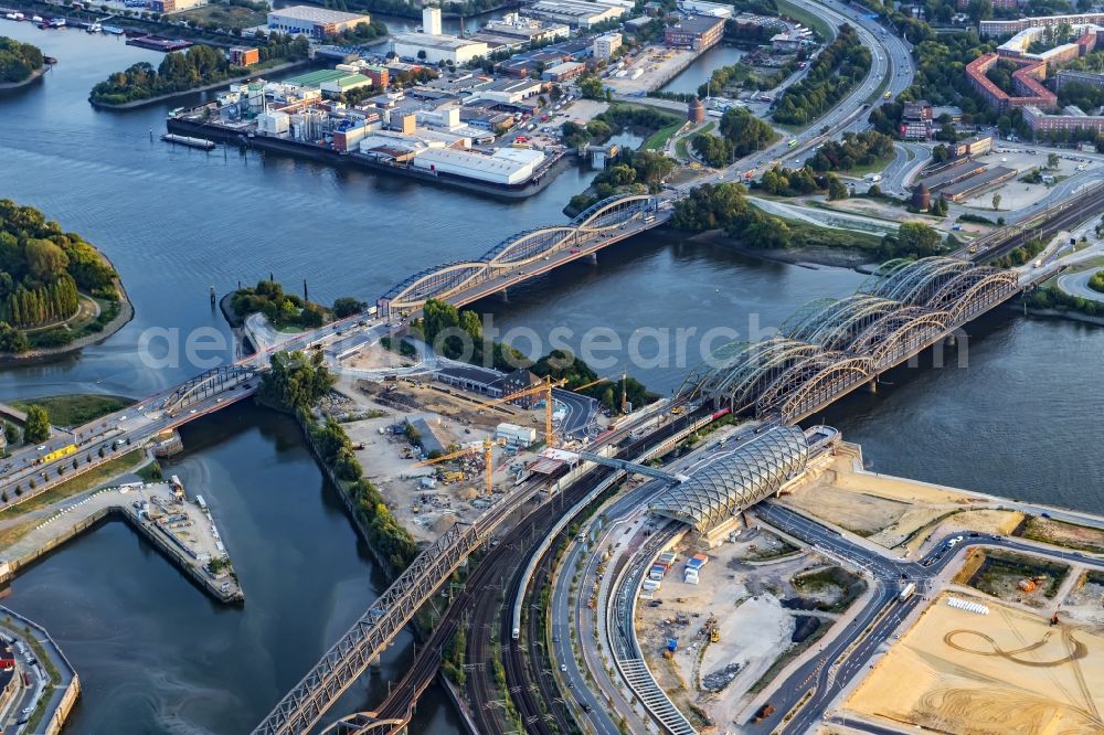 Hamburg from above - River - bridge structure Elbbruecken at sunset - Norderelbbruecke on the banks of the Elbe in Hamburg