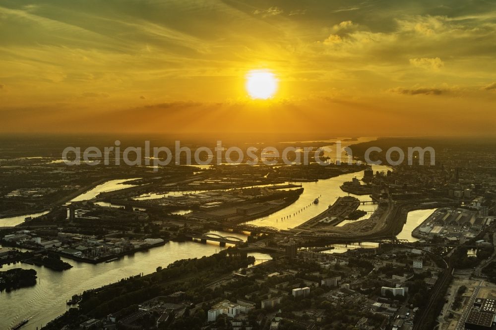 Aerial image Hamburg - River - bridge structure Elbbruecken at sunset - Norderelbbruecke on the banks of the Elbe in Hamburg