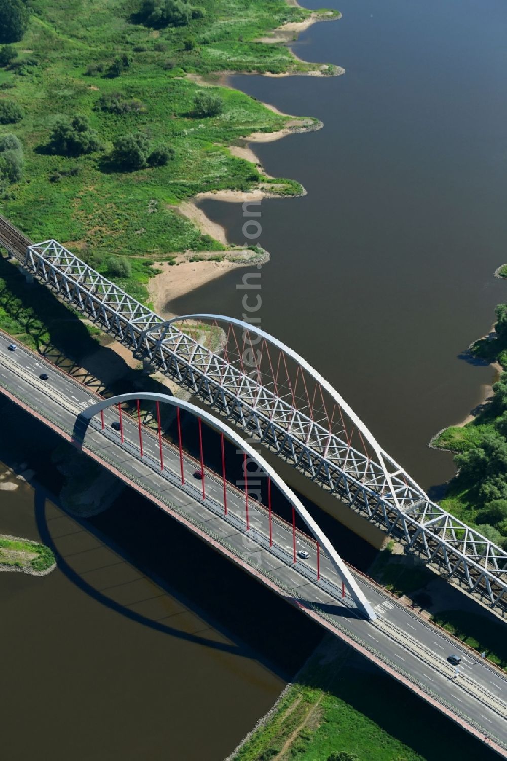 Aerial image Lutherstadt Wittenberg - River - bridge construction Elbebruecke Wittenberg about the Elbe in Lutherstadt Wittenberg in the state Saxony-Anhalt, Germany