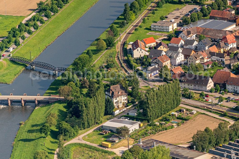 Riegel am Kaiserstuhl from above - River - bridge construction of Elz in Riegel am Kaiserstuhl in the state Baden-Wurttemberg, Germany