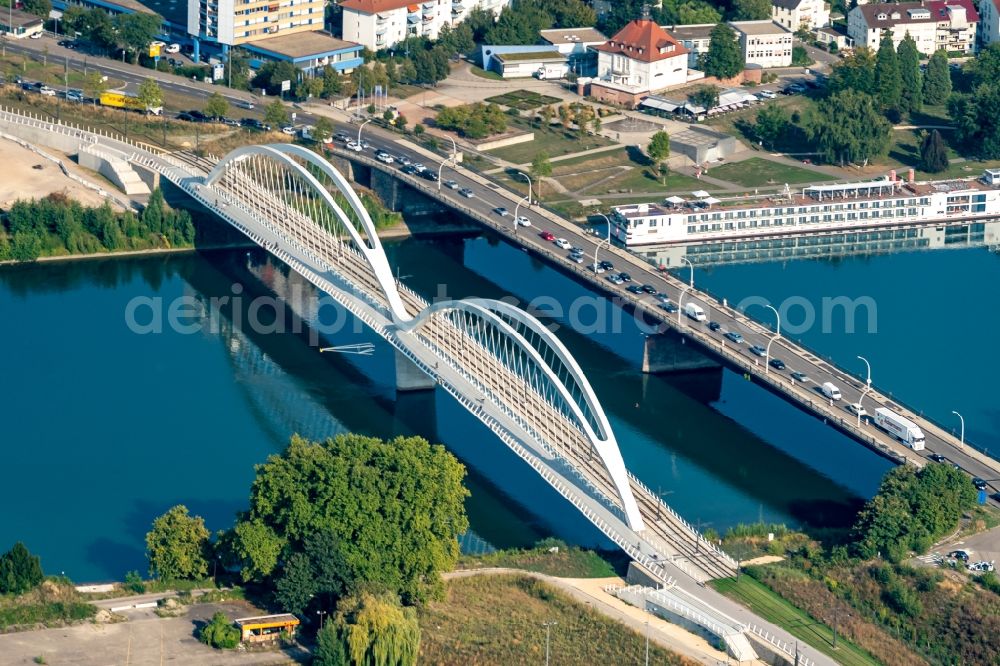 Aerial image Kehl - River - bridge construction Europa Bruecke in Kehl in the state Baden-Wurttemberg, Germany