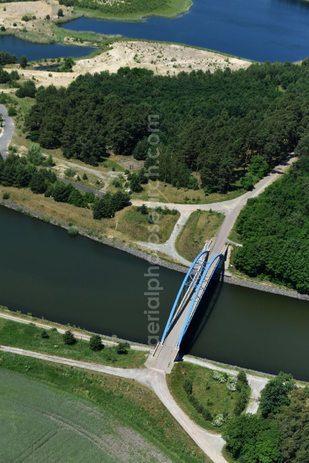 Aerial image Burg - River - bridge construction Feldwegbruecke in Burg in the state Saxony-Anhalt