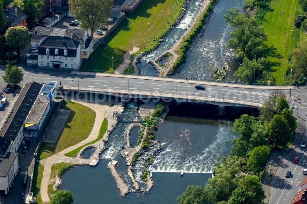 Hagen from above - River - bridge construction of the Lennebridge over the river Lenne at the Stennertstreet in the district Hohenlimburg in Hagen in the state North Rhine-Westphalia