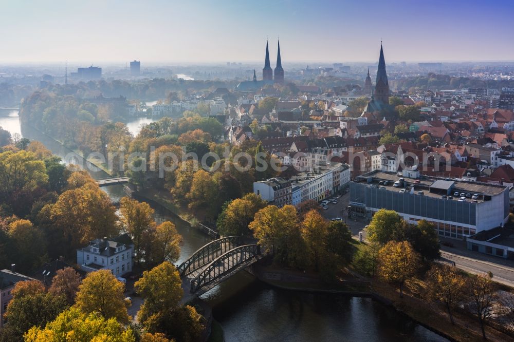 Lübeck from above - Bridge construction Huexterdamm over the Trave River in Luebeck in the state Schleswig-Holstein