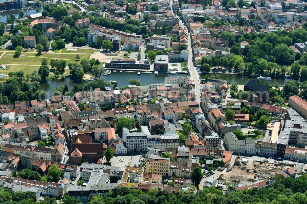 Brandenburg an der Havel from above - River - bridge building work Millennium bridge about Havel, them connects there the Old Town with the town Anew, in Brandenburg to Havel in the federal state Brandenburg, Germany