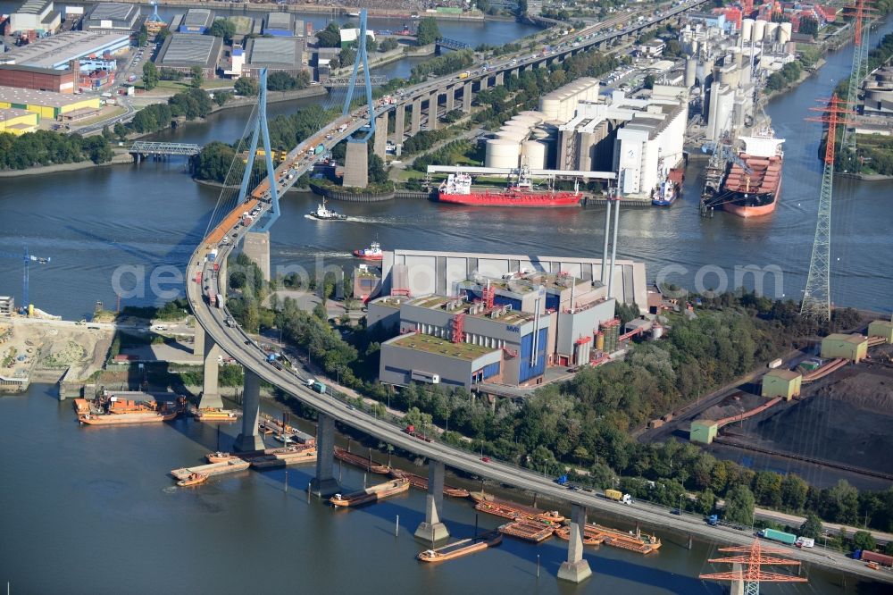 Hamburg from above - River - bridge construction Koehlbrandbruecke over the port Rugenberger Hafen in the district Steinwerder in Hamburg, Germany