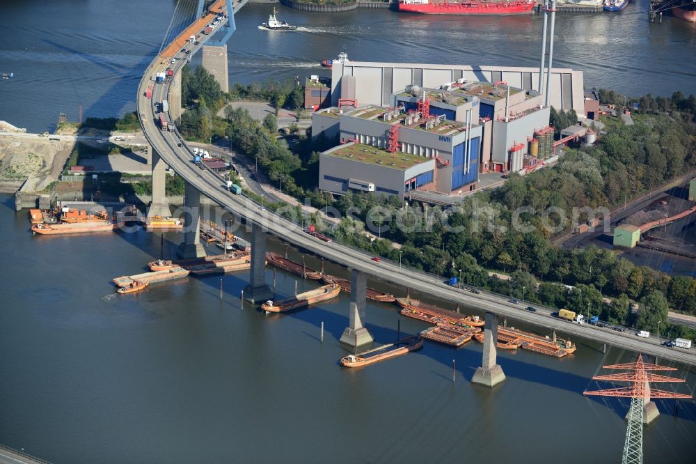 Hamburg from the bird's eye view: River - bridge construction Koehlbrandbruecke over the port Rugenberger Hafen in the district Steinwerder in Hamburg, Germany