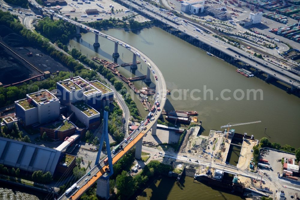 Hamburg from above - River - bridge construction Koehlbrandbruecke over the port Rugenberger Hafen in the district Steinwerder in Hamburg, Germany